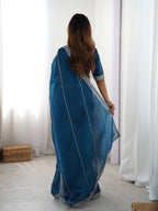 Exquisite Teal Blue Heavy JMC Silk Saree with Thread & Sequins Embroidery