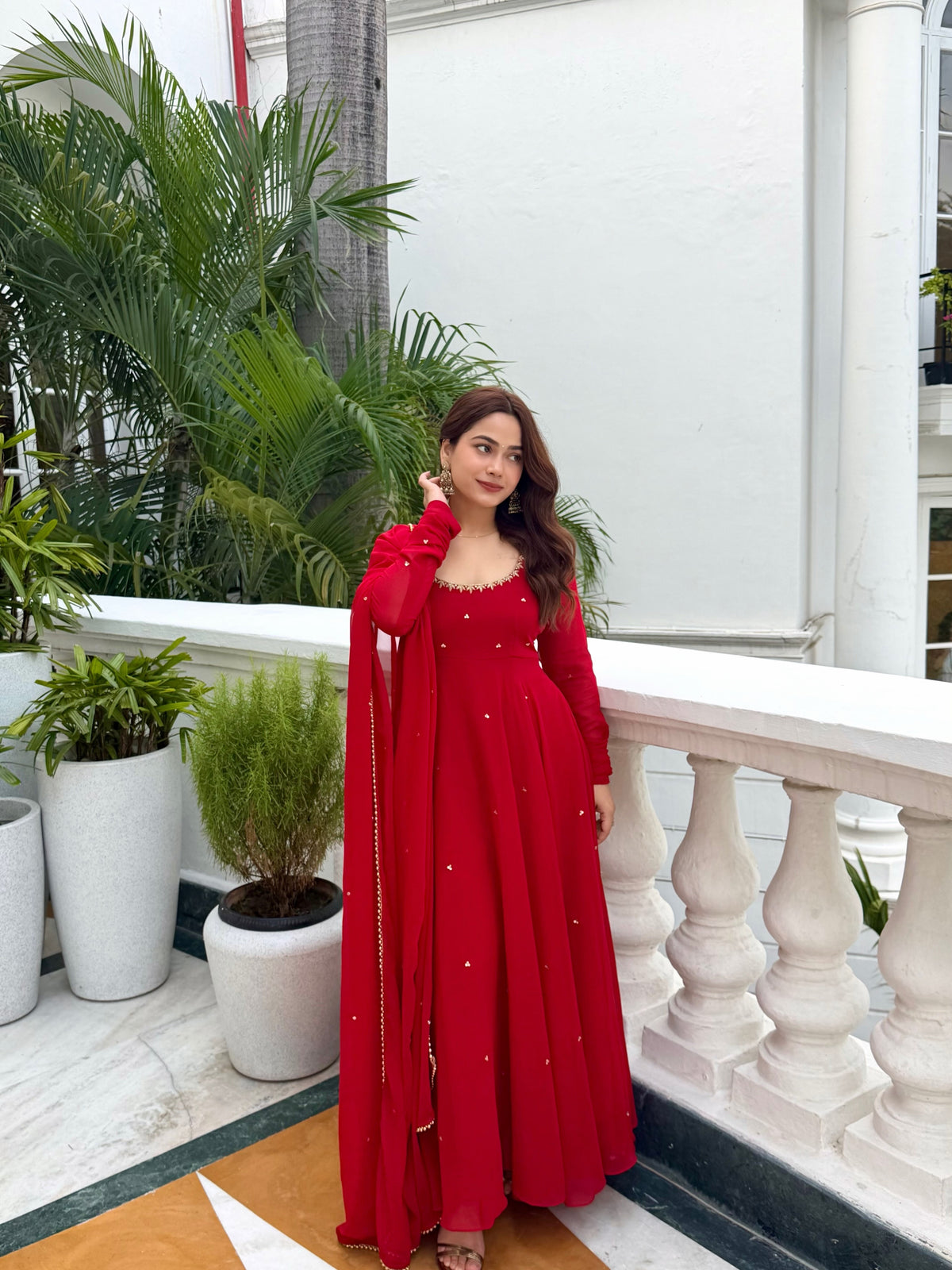 Red Anarkali Suit with Handwork & Pearl Work