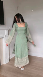 Elegant Faux Georgette Embroidered Straight Kurta Pant Set with Dupatta