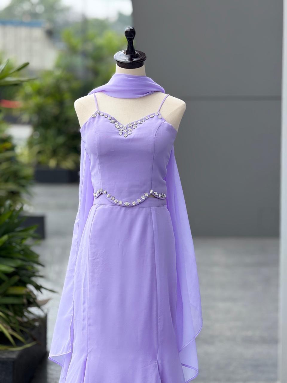 Lavender Georgette Fishcut Lehenga Set with Diamond Work Blouse & Dupatta