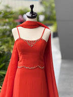 Flame Red Georgette Fishcut Skirt Set with Diamond Work Blouse & Dupatta