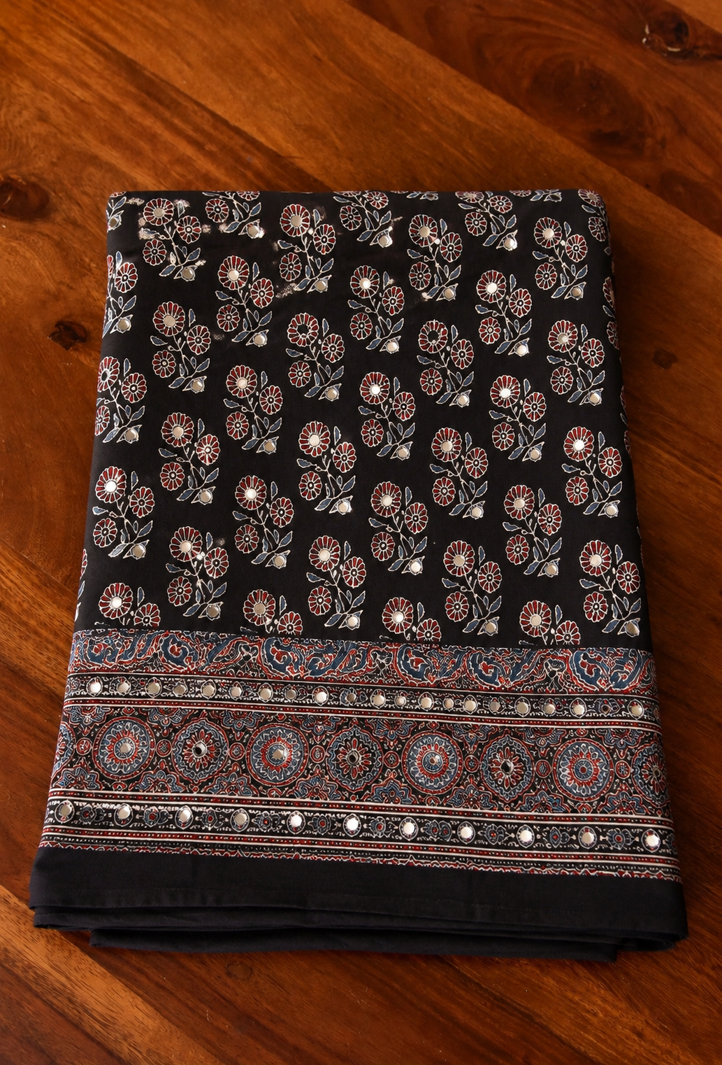Ajrakh Modal Silk Saree for Women | Real Mirror Work Traditional Printed Saree with Unstitched Blouse| Perfect for Party’s, Wedding And Festival