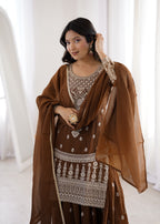 Elegant Chocolate Brown Crunchy Silk Sharara Set with Heavy Dori & Jari Embroidery