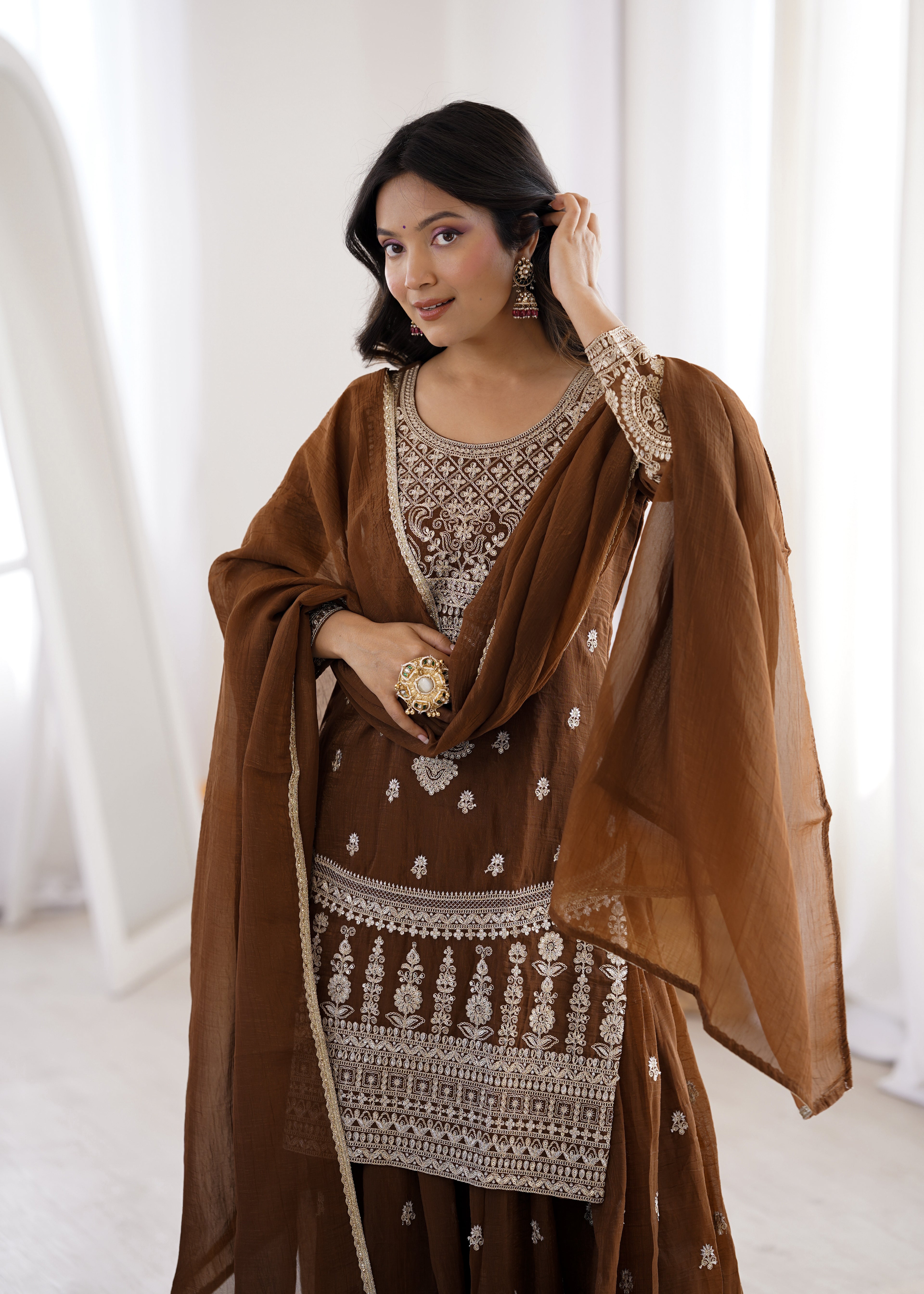 Elegant Chocolate Brown Crunchy Silk Sharara Set with Heavy Dori & Jari Embroidery