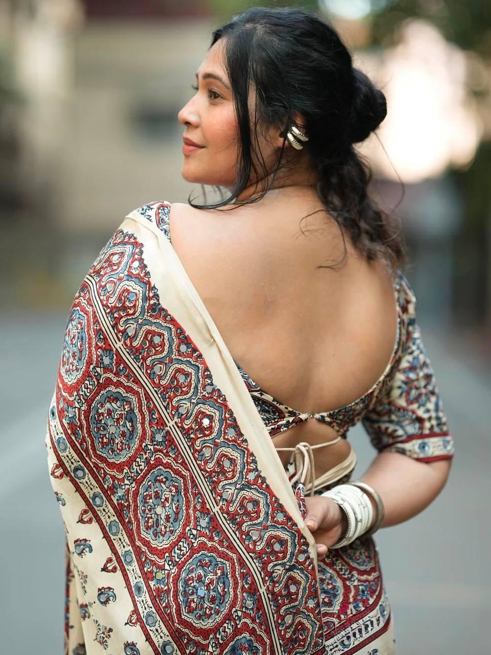 Ajrakh Modal Silk Saree for Women | Real Mirror Work Traditional Printed Saree with Unstitched Blouse| Perfect for Party’s, Wedding And Festival
