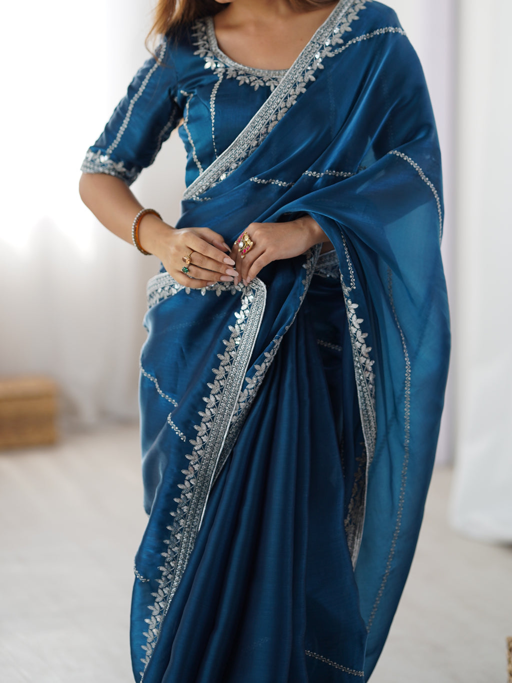 Exquisite Teal Blue Heavy JMC Silk Saree with Thread & Sequins Embroidery