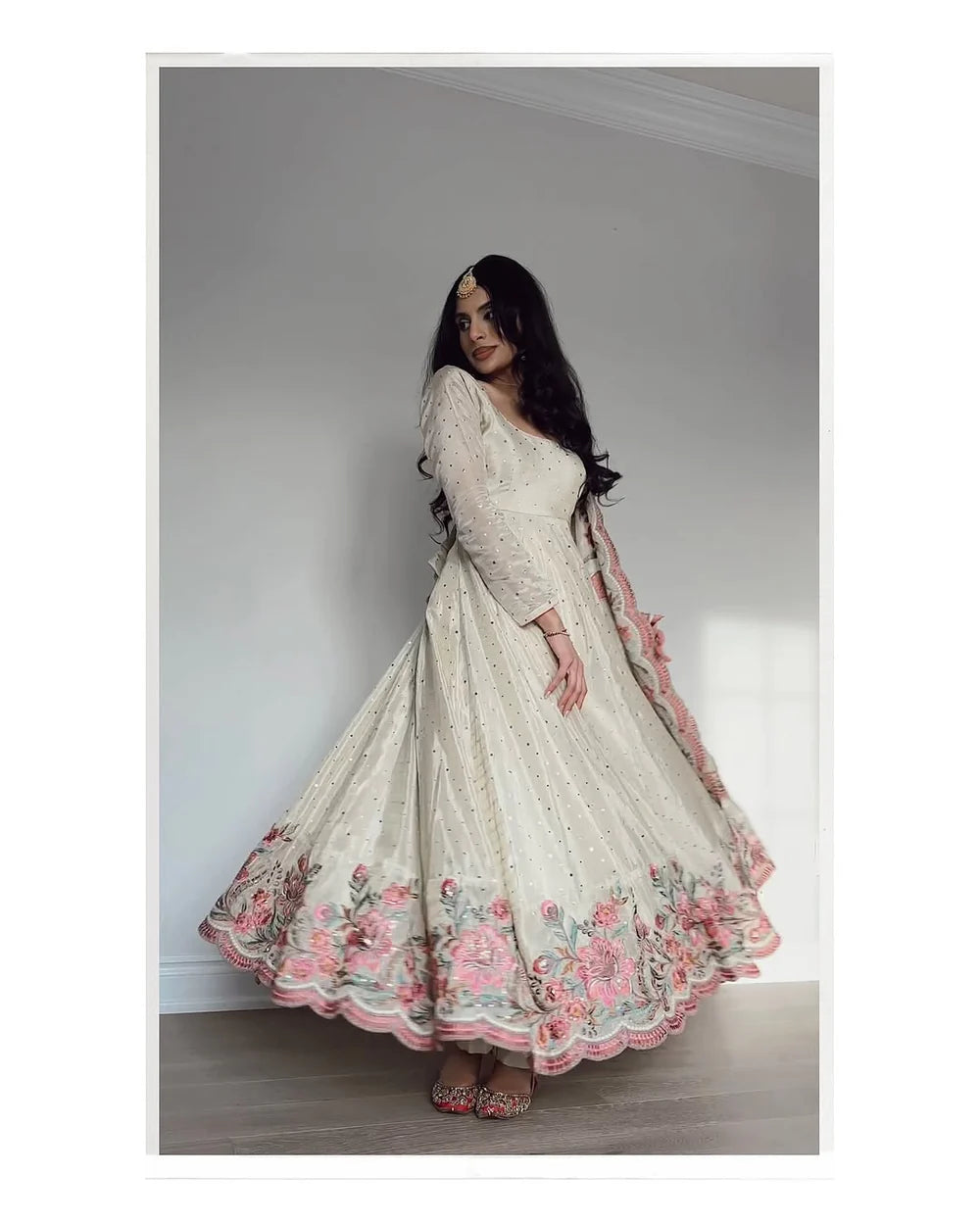 Elegant Off-White Vichitra Silk Anarkali Gown with Floral Sequin Embroidery