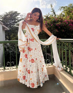 White Floral Heavy Vichitra Silk Anarkali Suit Set with Matching Dupatta (3-Piece)