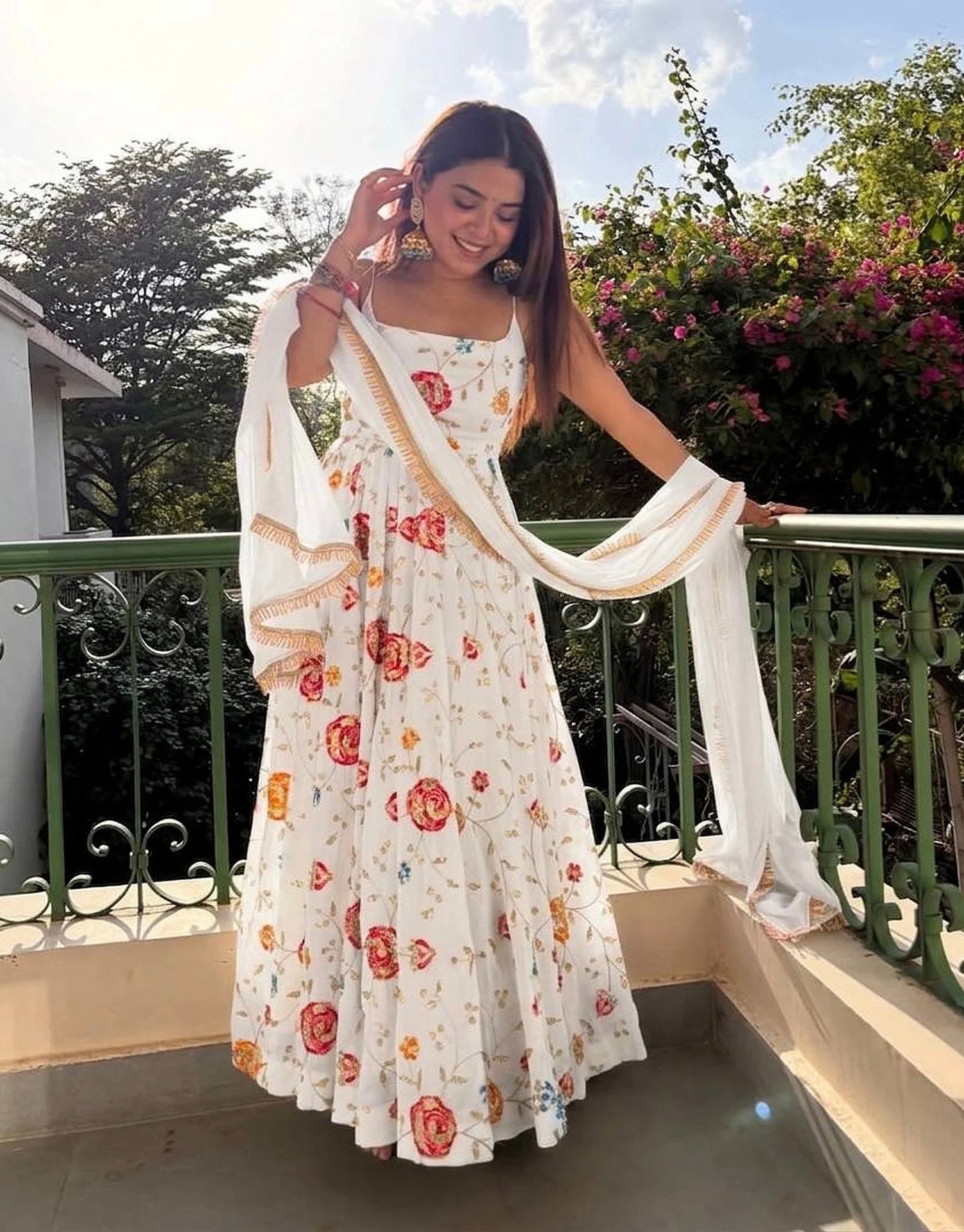 White Floral Heavy Vichitra Silk Anarkali Suit Set with Matching Dupatta (3-Piece)