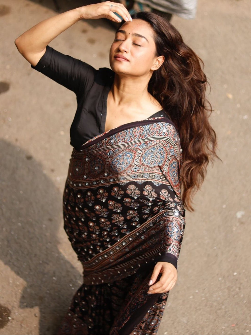 Ajrakh Modal Silk Saree for Women | Real Mirror Work Traditional Printed Saree with Unstitched Blouse| Perfect for Party’s, Wedding And Festival