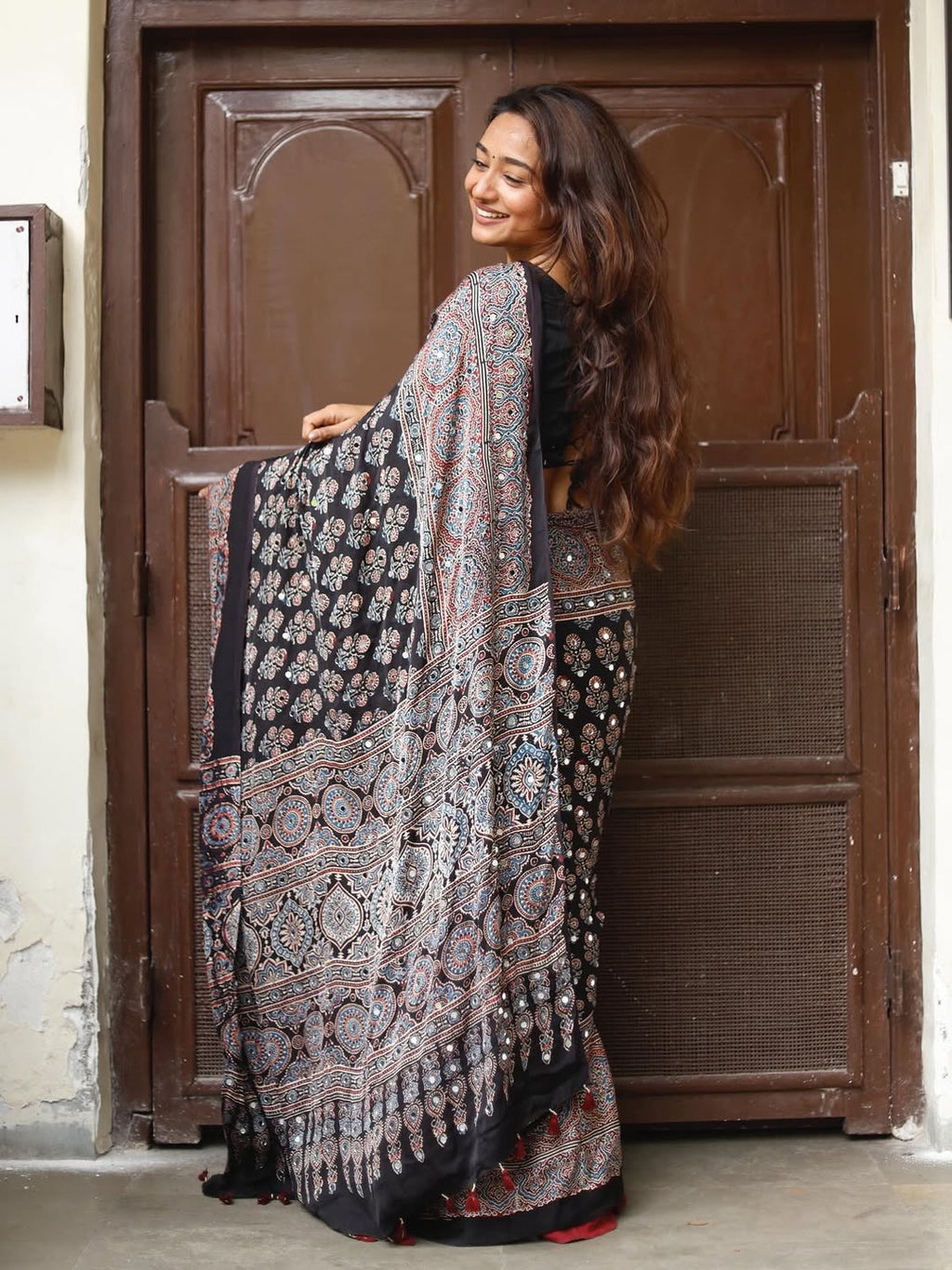 Ajrakh Modal Silk Saree for Women | Real Mirror Work Traditional Printed Saree with Unstitched Blouse| Perfect for Party’s, Wedding And Festival