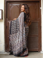 Ajrakh Modal Silk Saree for Women | Real Mirror Work Traditional Printed Saree with Unstitched Blouse| Perfect for Party’s, Wedding And Festival