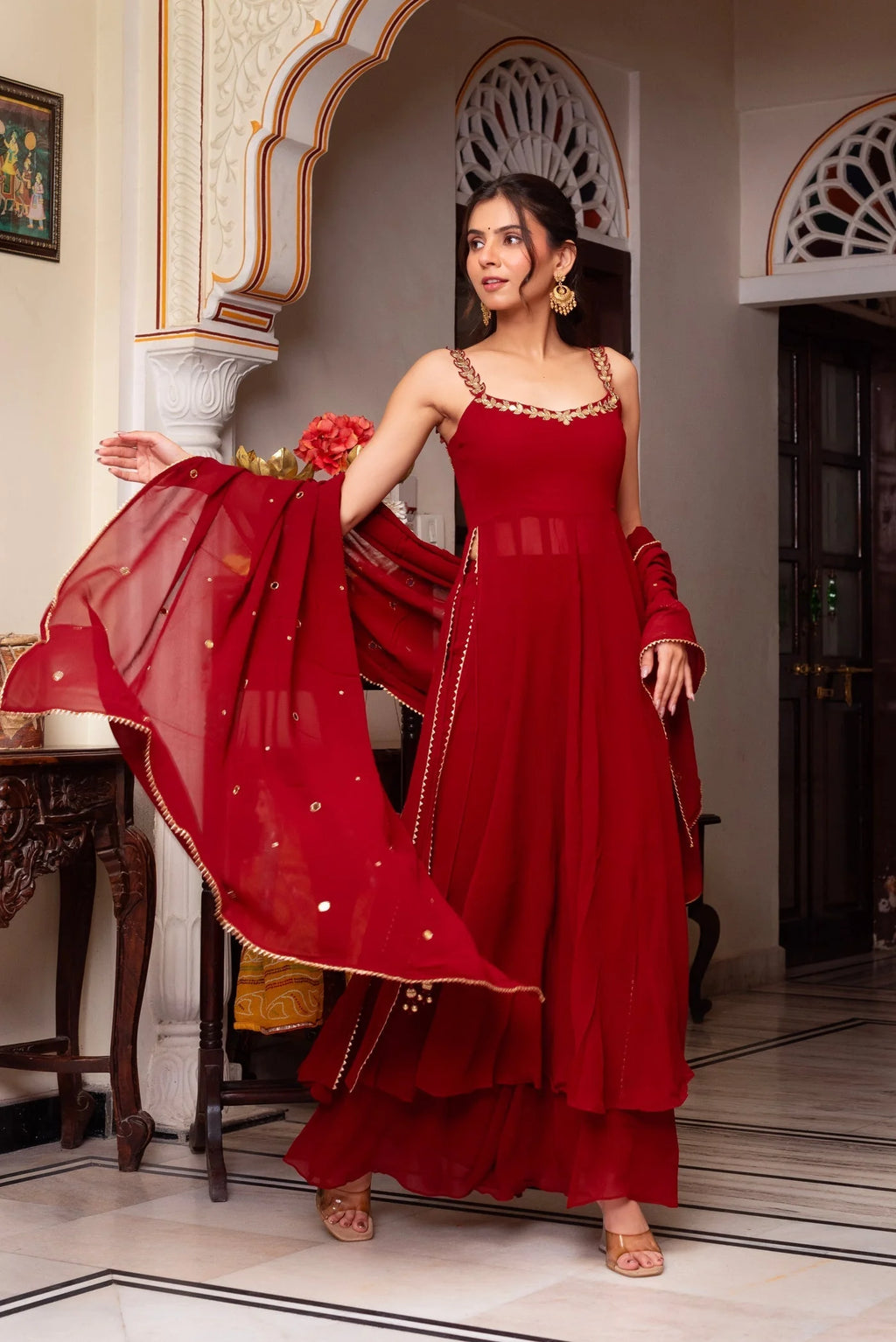 Elegant Maroon Mirror Work Anarkali Suit Set with Dupatta & Sharara – Festive & Wedding Wear