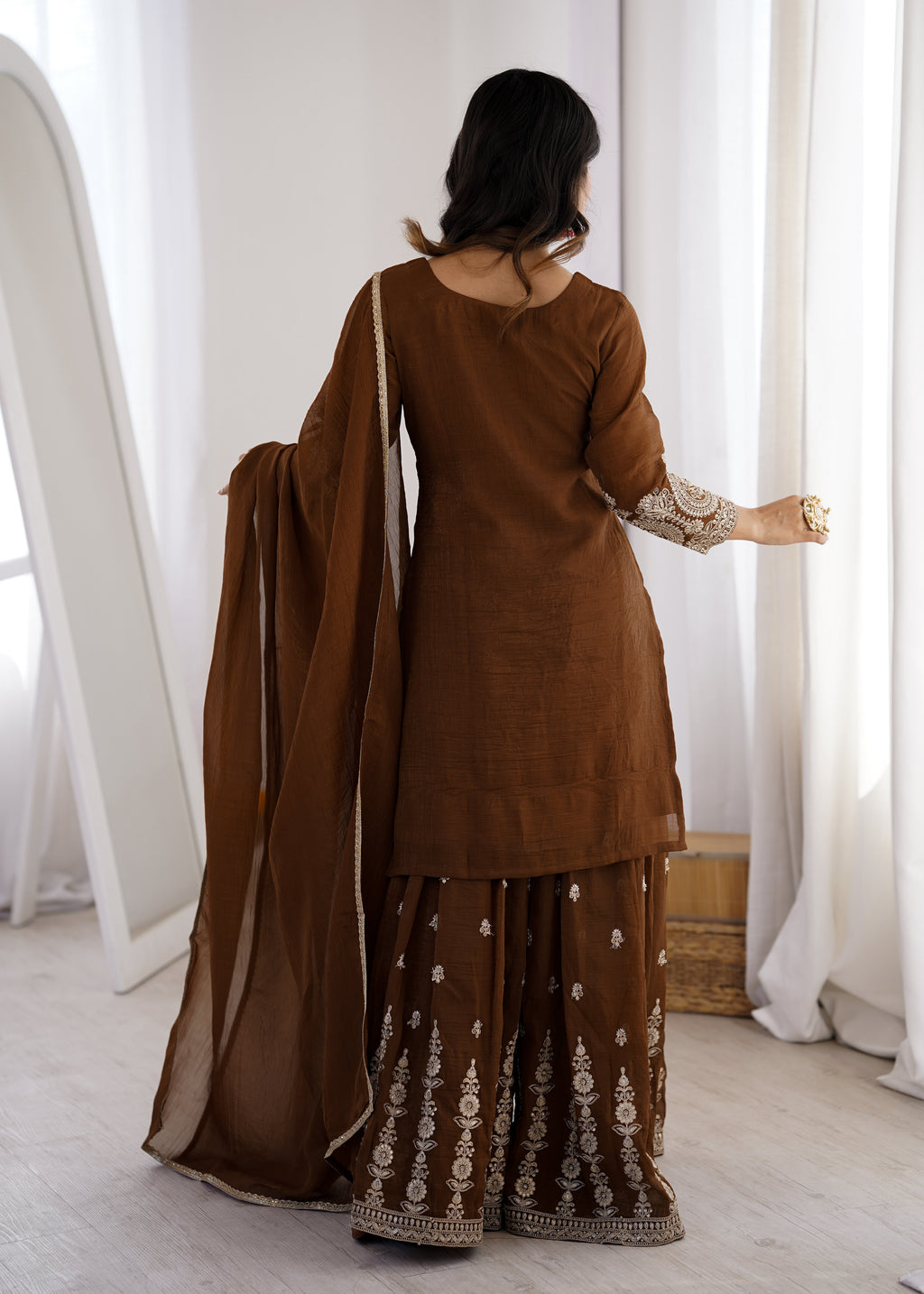 Elegant Chocolate Brown Crunchy Silk Sharara Set with Heavy Dori & Jari Embroidery
