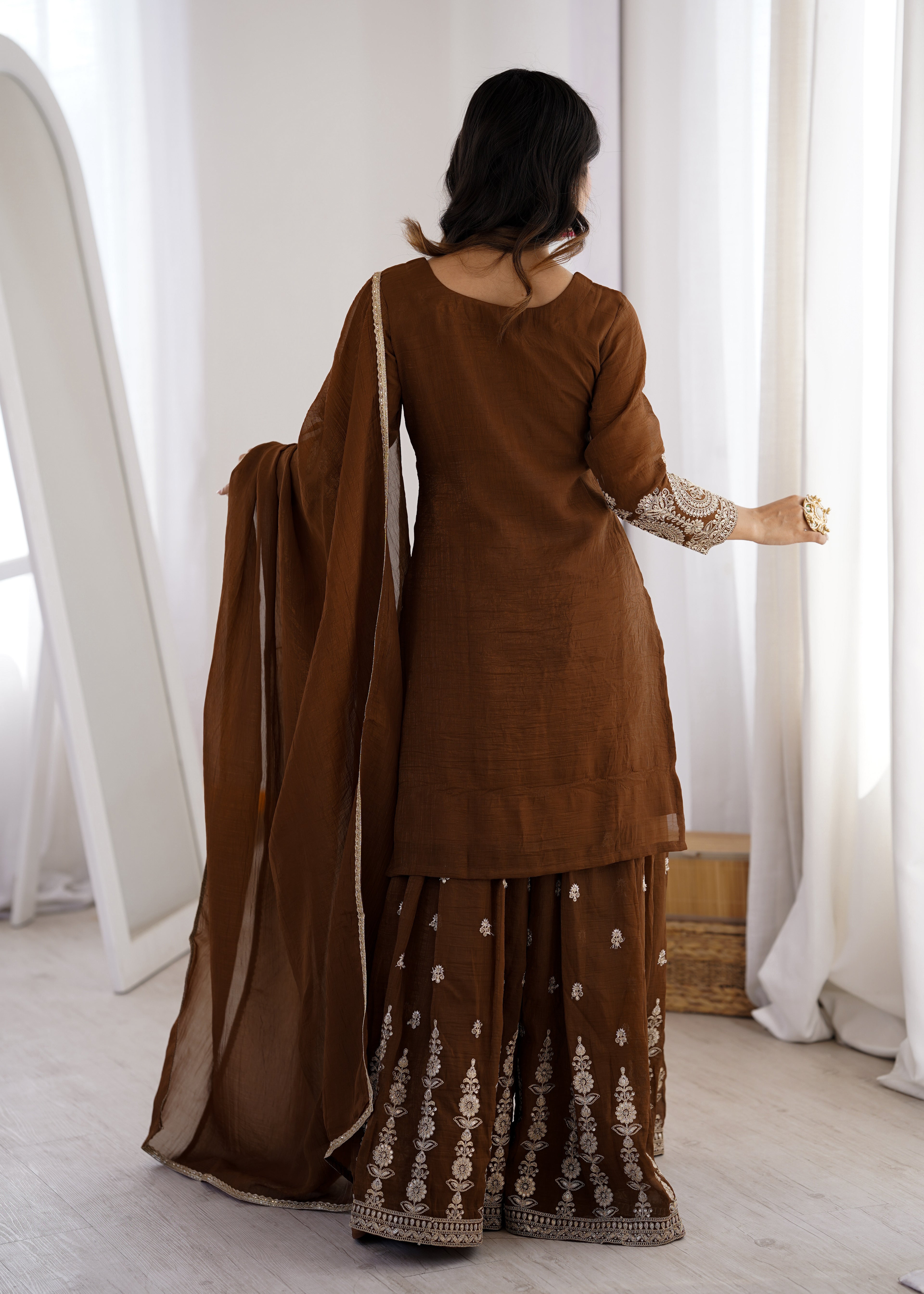 Elegant Chocolate Brown Crunchy Silk Sharara Set with Heavy Dori & Jari Embroidery