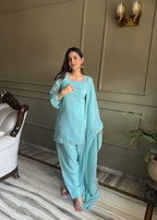 Aqua Blue Crunchy Silk Farshi Salwar Suit with Swarovski Work & Dupatta