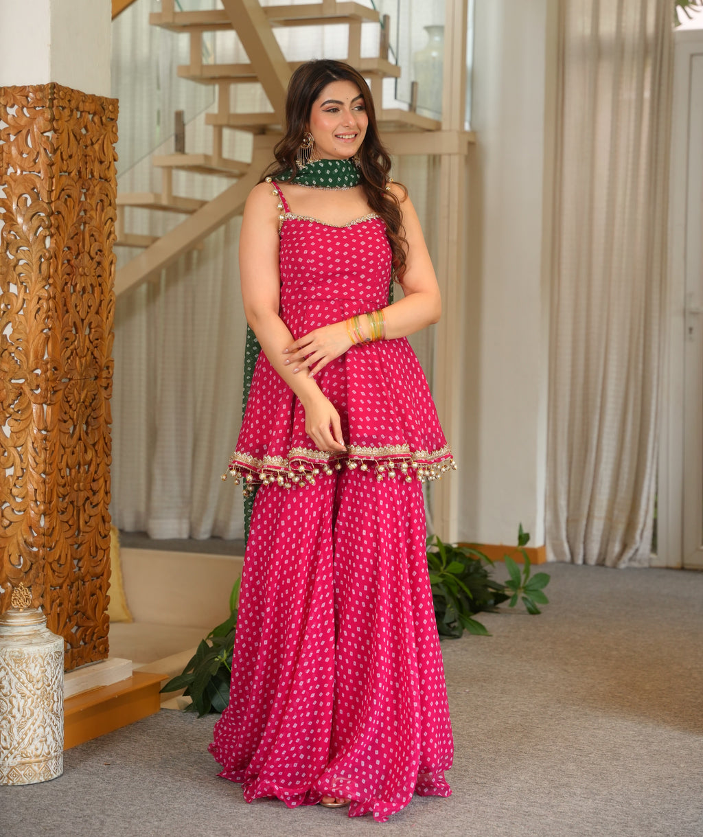 Pink Bandhani Print Fully Stitched Suit Sharara Set with Green Dupatta