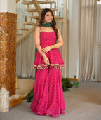 Pink Bandhani Print Fully Stitched Suit Sharara Set with Green Dupatta