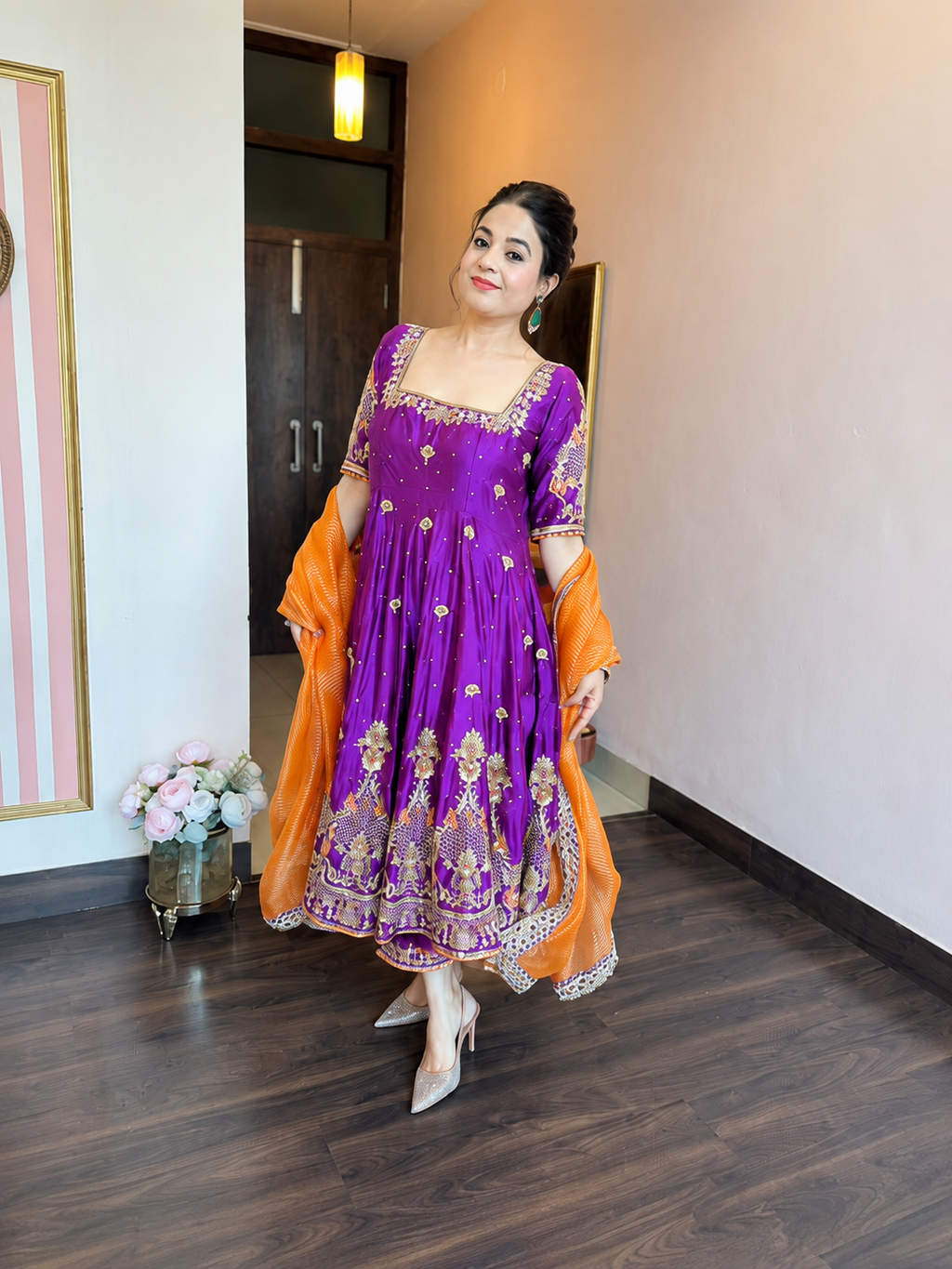 Royal Purple Heavy Silk Embroidered Anarkali Suit Set with Organza Dupatta (3-Piece)