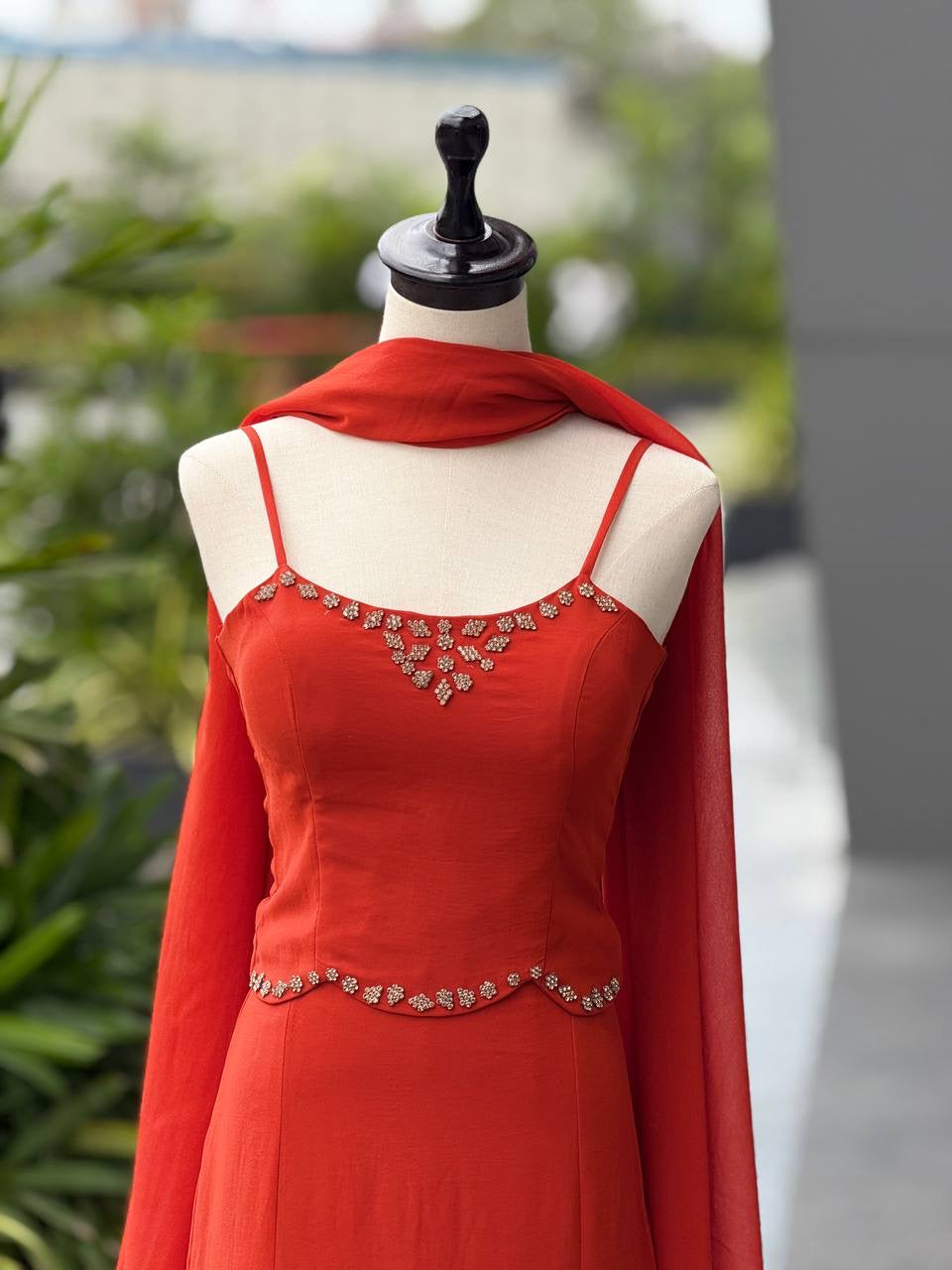 Flame Red Georgette Fishcut Skirt Set with Diamond Work Blouse & Dupatta
