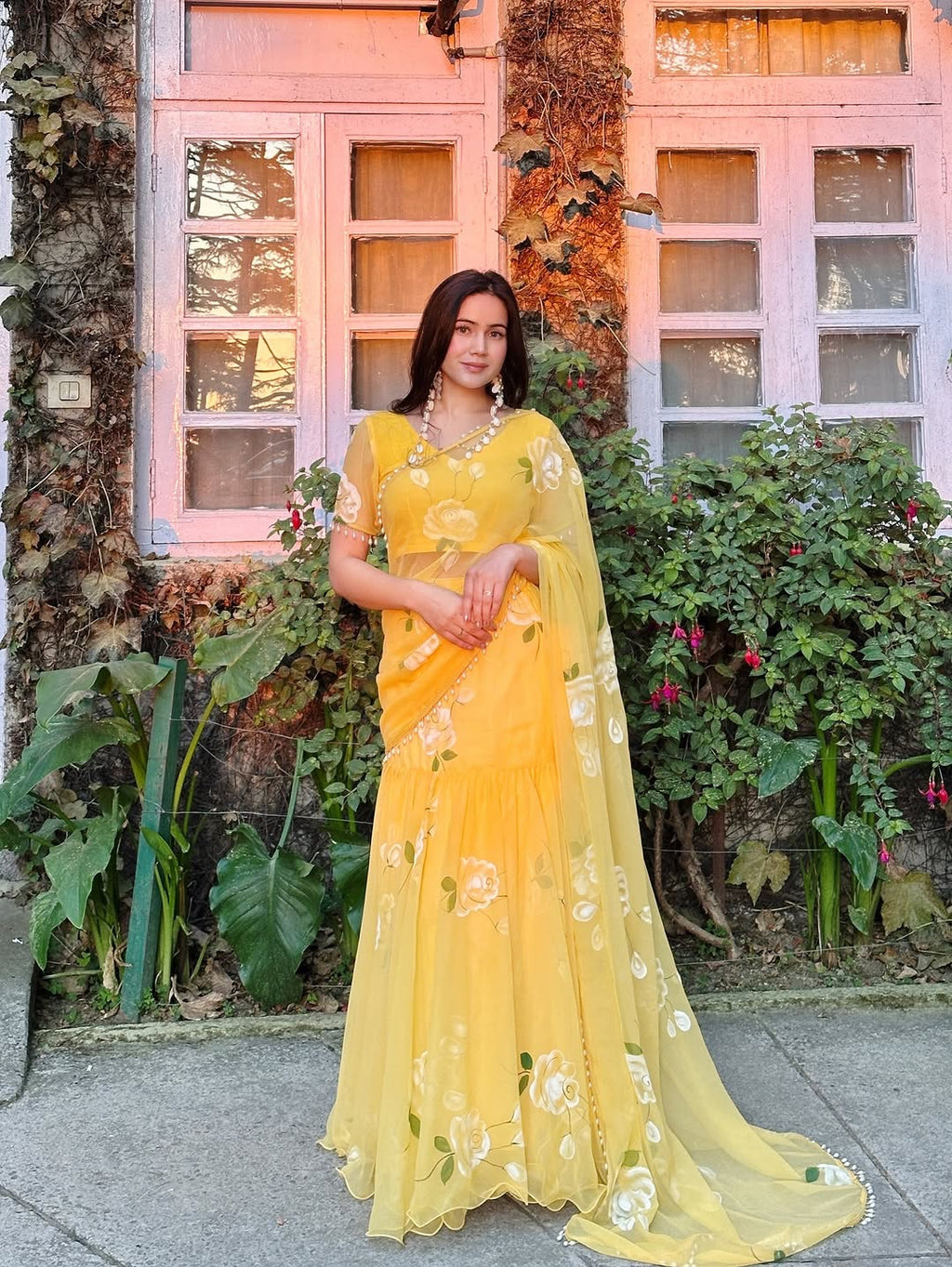 Designer Yellow Soft Georgette Lehenga Saree with Pearl & Floral Print Work