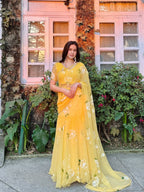 Designer Yellow Soft Georgette Lehenga Saree with Pearl & Floral Print Work
