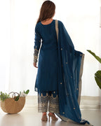 Royal Teal Pure Chinon Silk Embroidered Kurta Set with Dupatta & Trousers