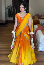 Designer Haldi Georgette Lehenga Saree with Embroidery Sequence & Real Mirror Work Border