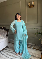 Aqua Blue Crunchy Silk Farshi Salwar Suit with Swarovski Work & Dupatta