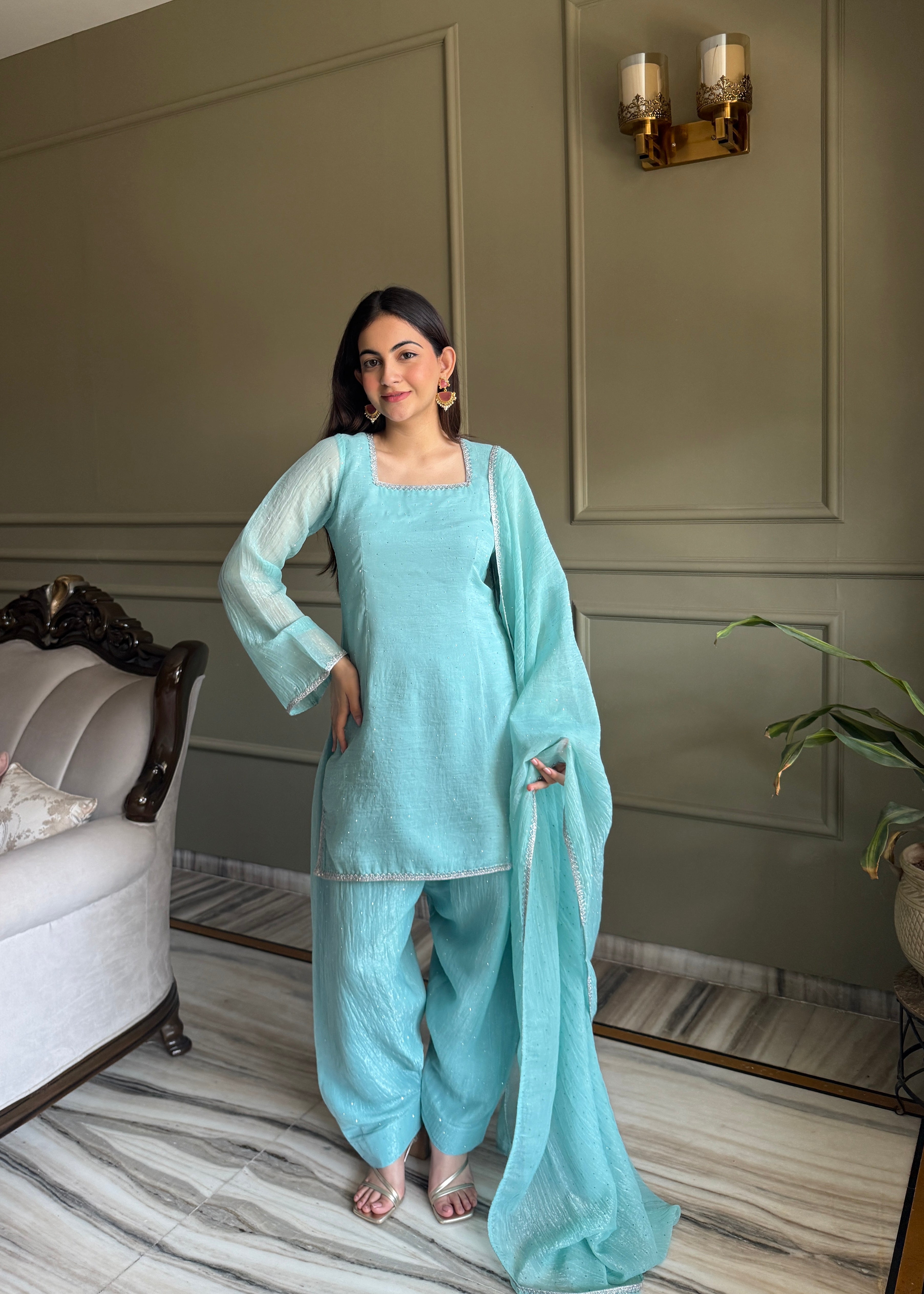 Aqua Blue Crunchy Silk Farshi Salwar Suit with Swarovski Work & Dupatta