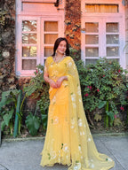 Designer Yellow Soft Georgette Lehenga Saree with Pearl & Floral Print Work
