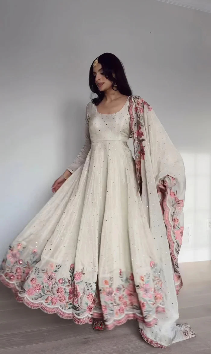 Elegant Off-White Vichitra Silk Anarkali Gown with Floral Sequin Embroidery