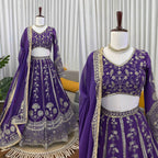 Royal Purple Faux Georgette Heavy Embroidered Lehenga Choli Set with Dupatta