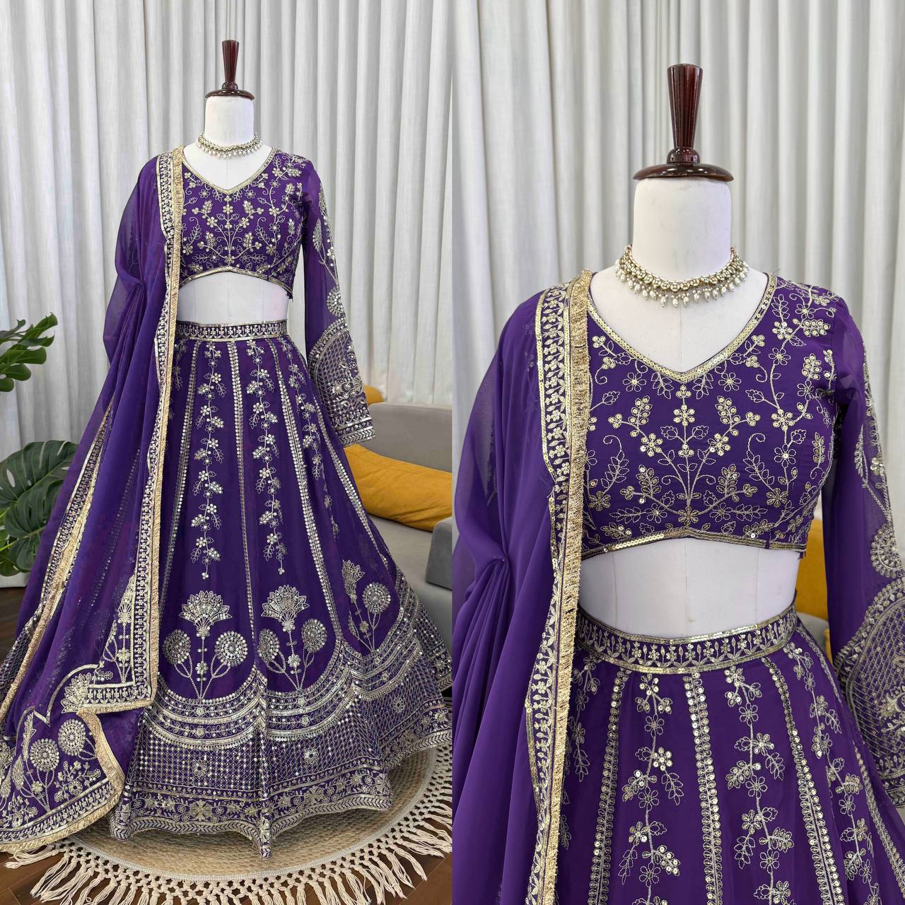 Royal Purple Faux Georgette Heavy Embroidered Lehenga Choli Set with Dupatta