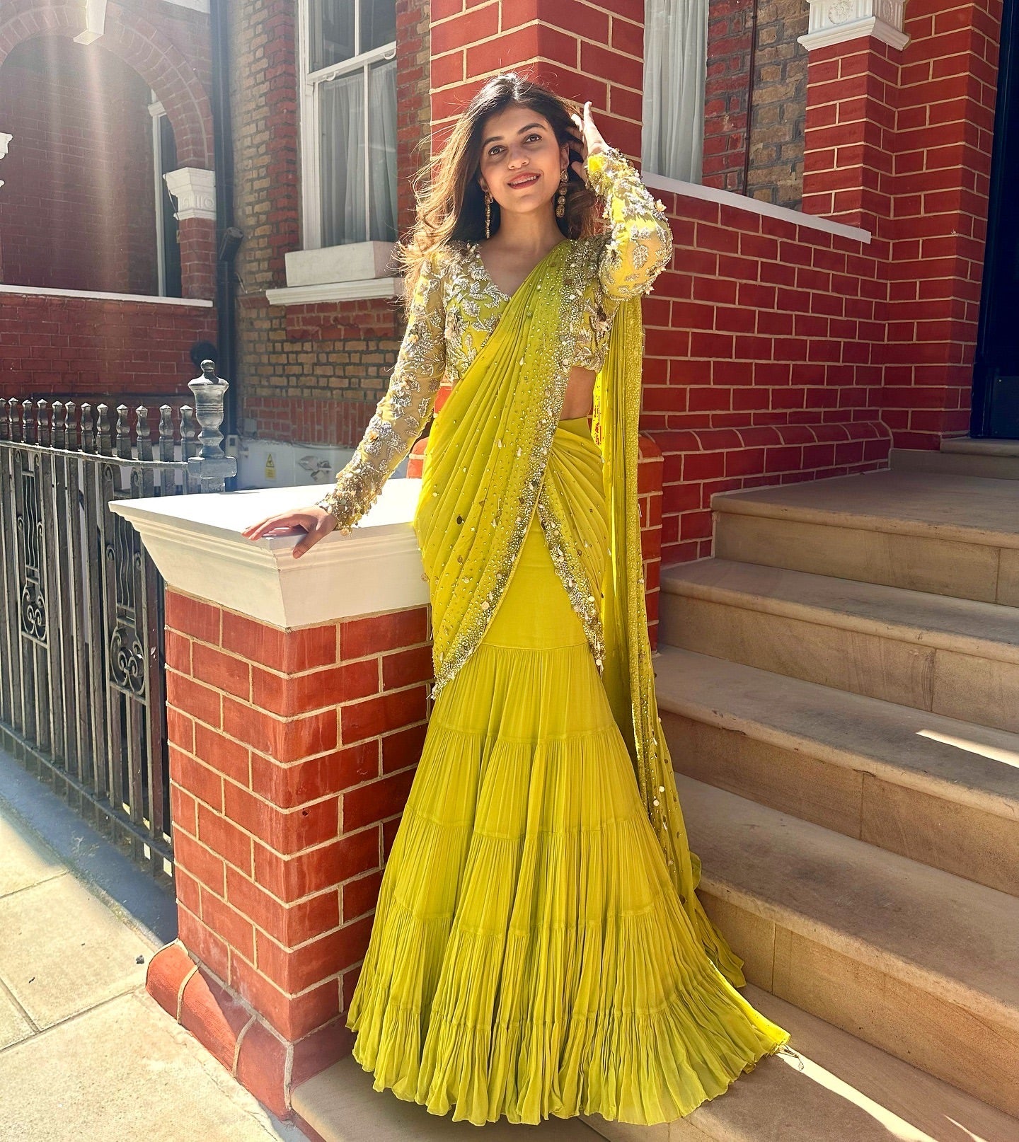 Lemon Lehenga Saree With Beads Hand Work
