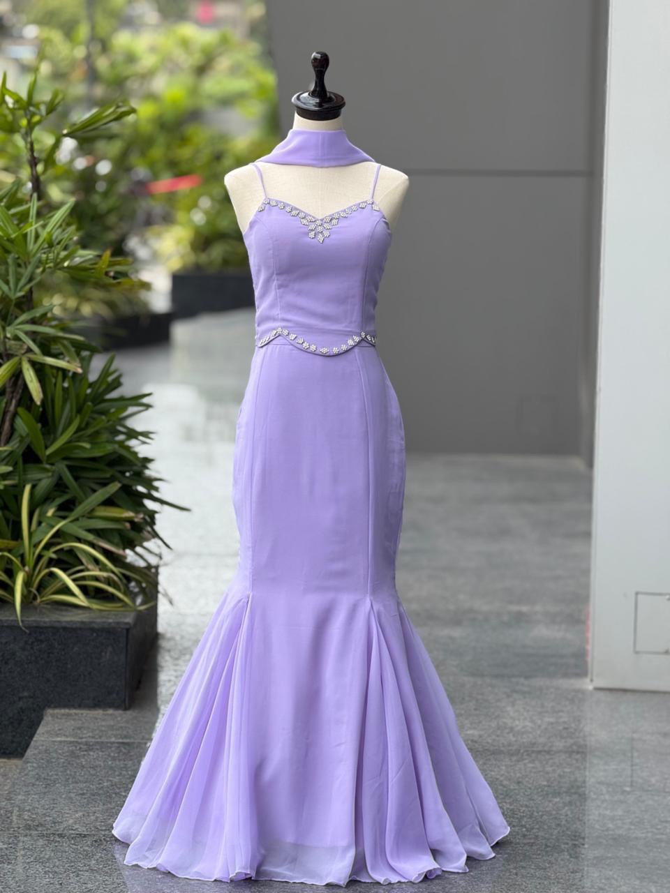Lavender Georgette Fishcut Lehenga Set with Diamond Work Blouse & Dupatta