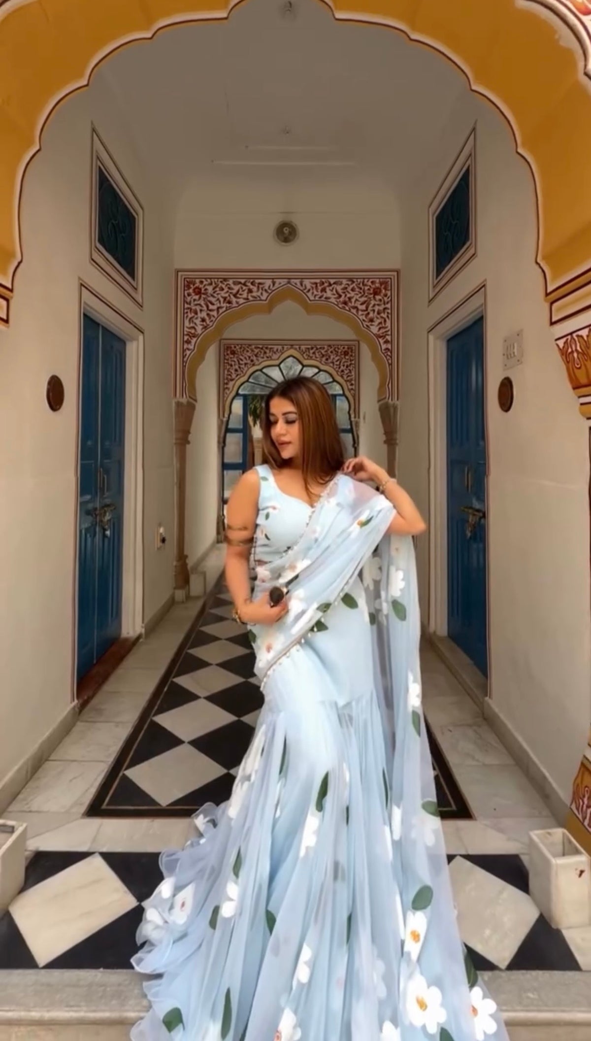 Designer Sky Blue Soft Georgette Ready-to-Wear Lehenga Saree with Floral Print & Pearl Lace Border