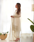 Ivory Pure Chinon Silk Straight Fit Kurta Set with Embroidery, Zari Work & Dupatta – Ready to Wear