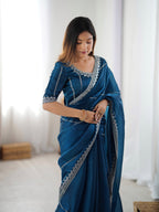 Exquisite Teal Blue Heavy JMC Silk Saree with Thread & Sequins Embroidery