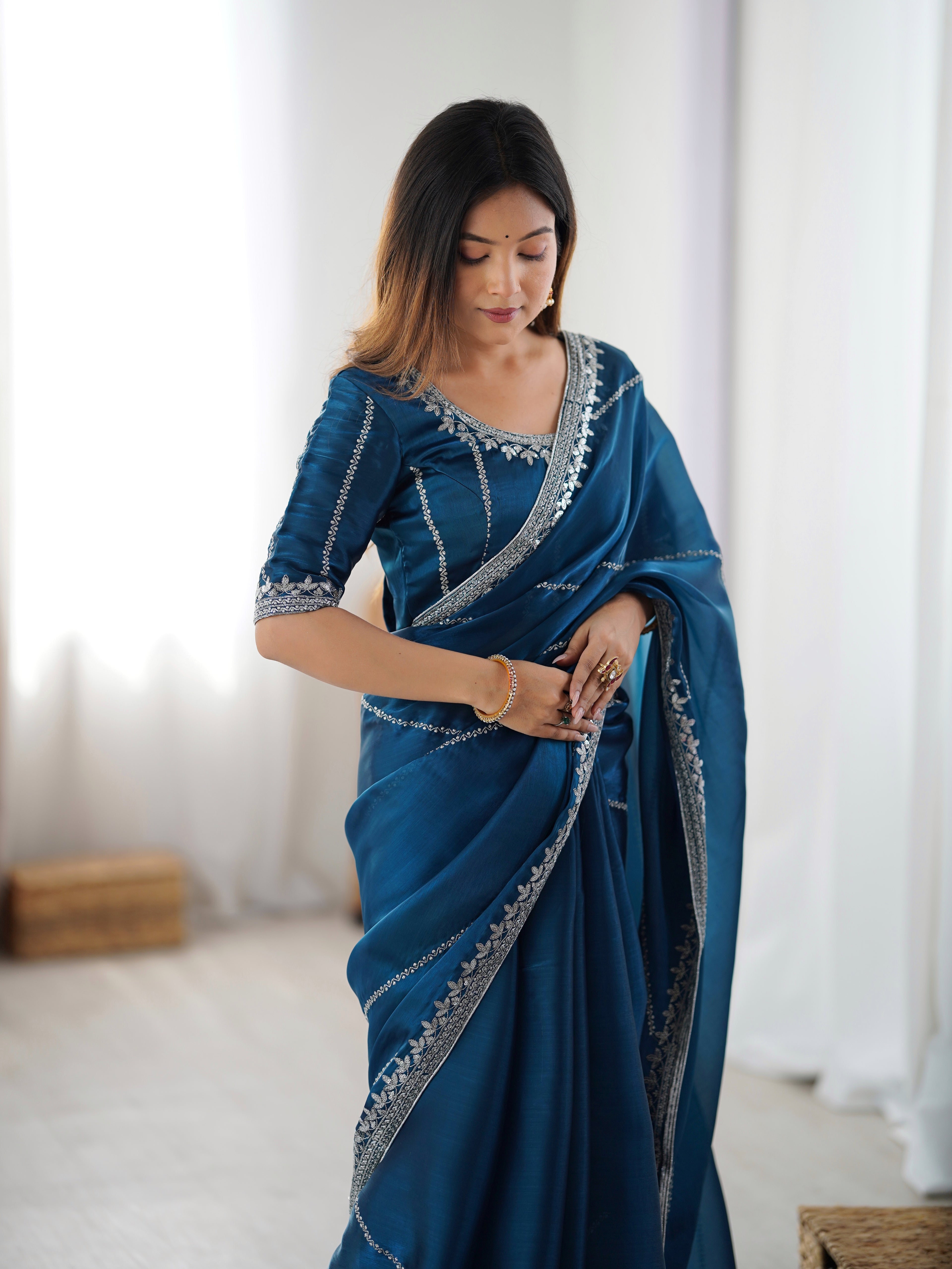 Exquisite Teal Blue Heavy JMC Silk Saree with Thread & Sequins Embroidery