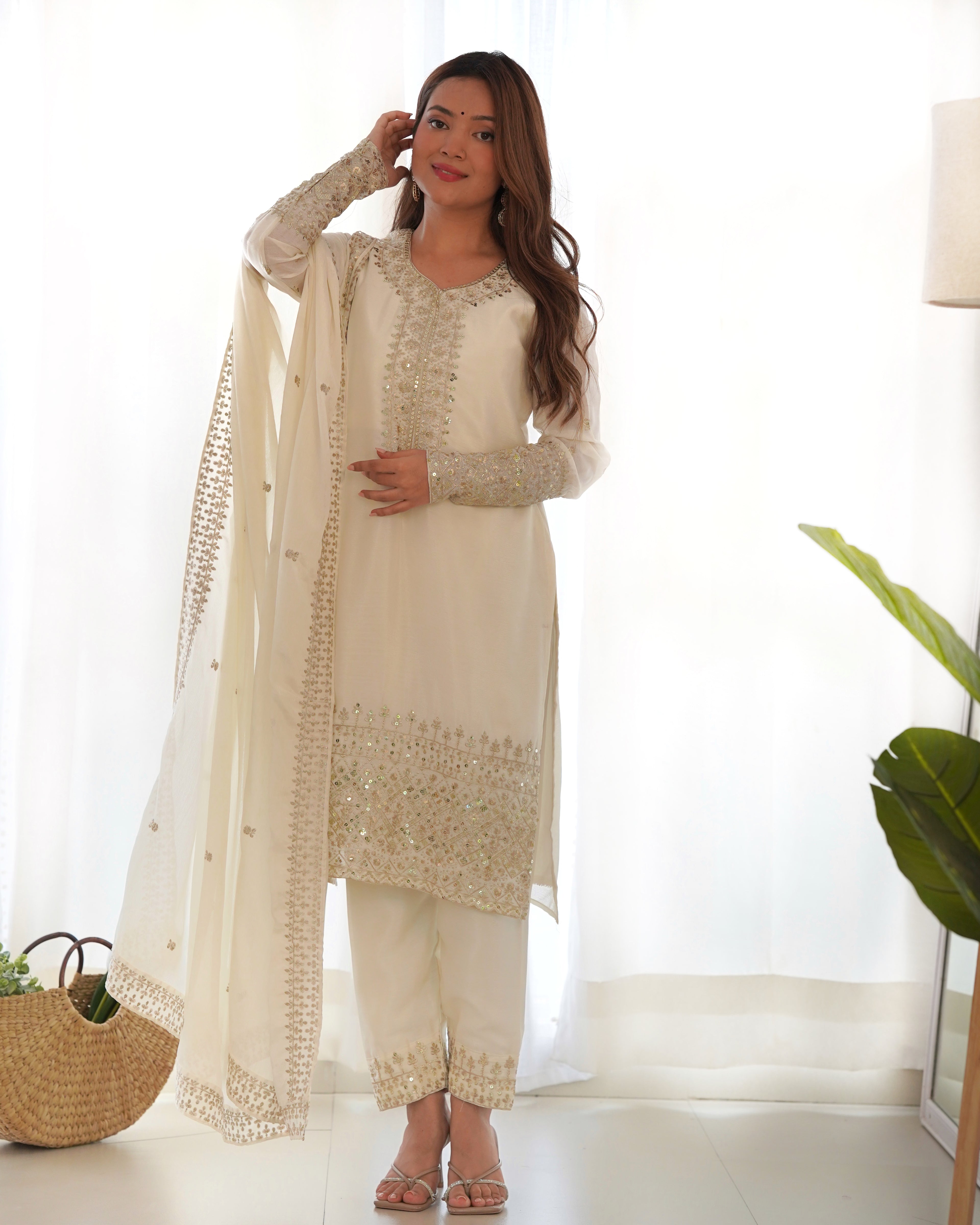 Ivory Pure Chinon Silk Straight Fit Kurta Set with Embroidery, Zari Work & Dupatta – Ready to Wear