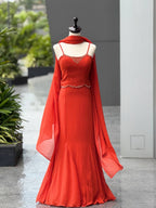 Flame Red Georgette Fishcut Skirt Set with Diamond Work Blouse & Dupatta