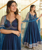 Designer Royal Blue Fendy Silk Gown with Pant Set & Net Dupatta