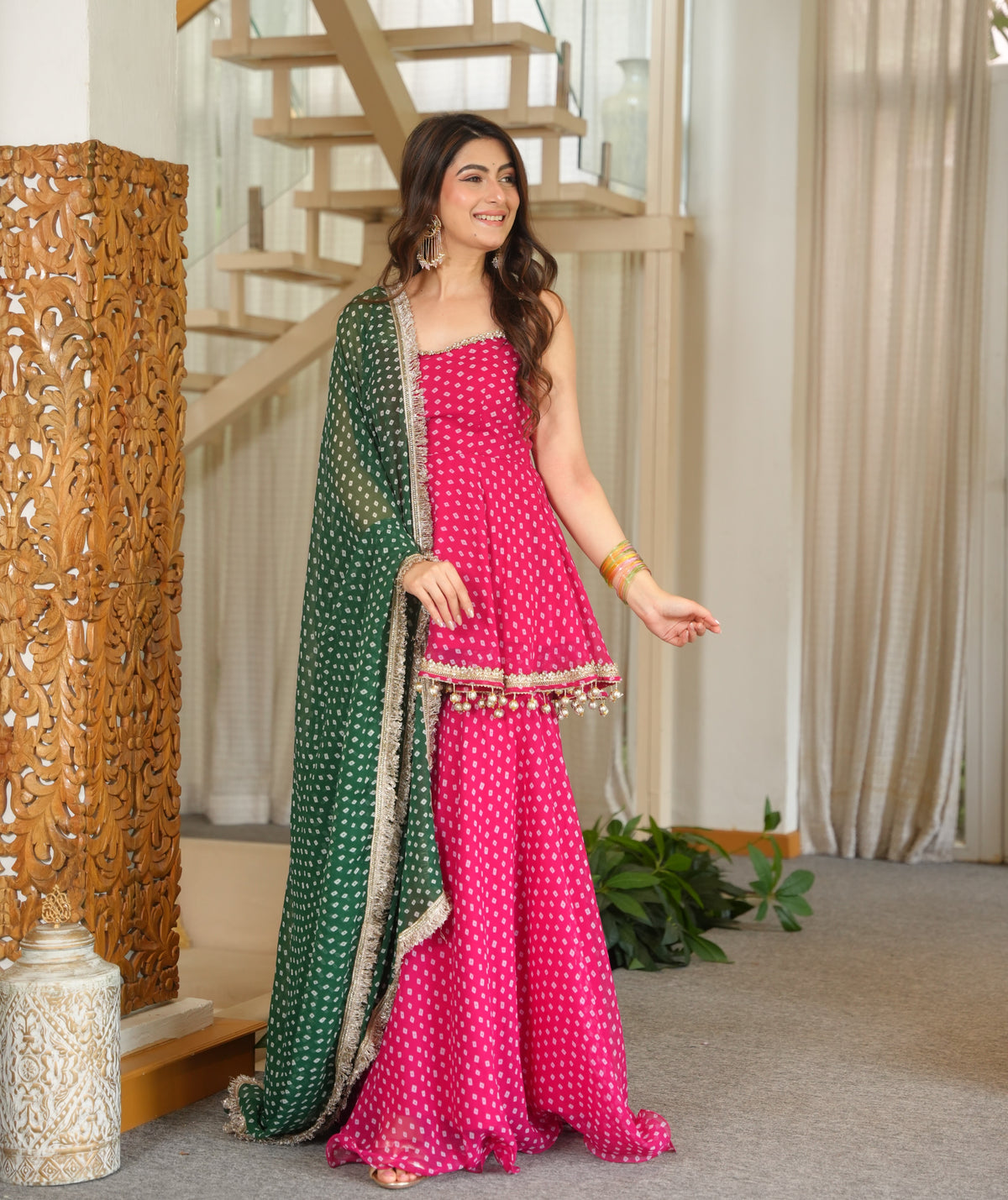 Pink Bandhani Print Fully Stitched Suit Sharara Set with Green Dupatta