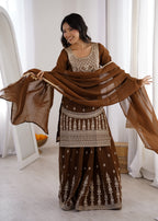 Elegant Chocolate Brown Crunchy Silk Sharara Set with Heavy Dori & Jari Embroidery