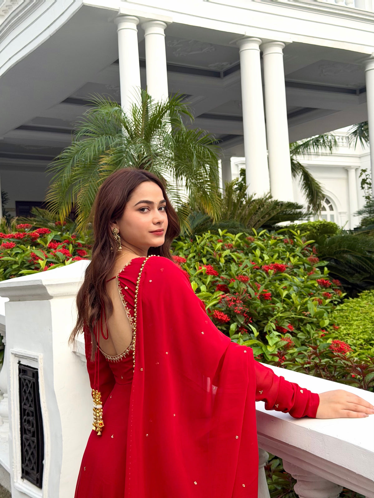 Red Anarkali Suit with Handwork & Pearl Work