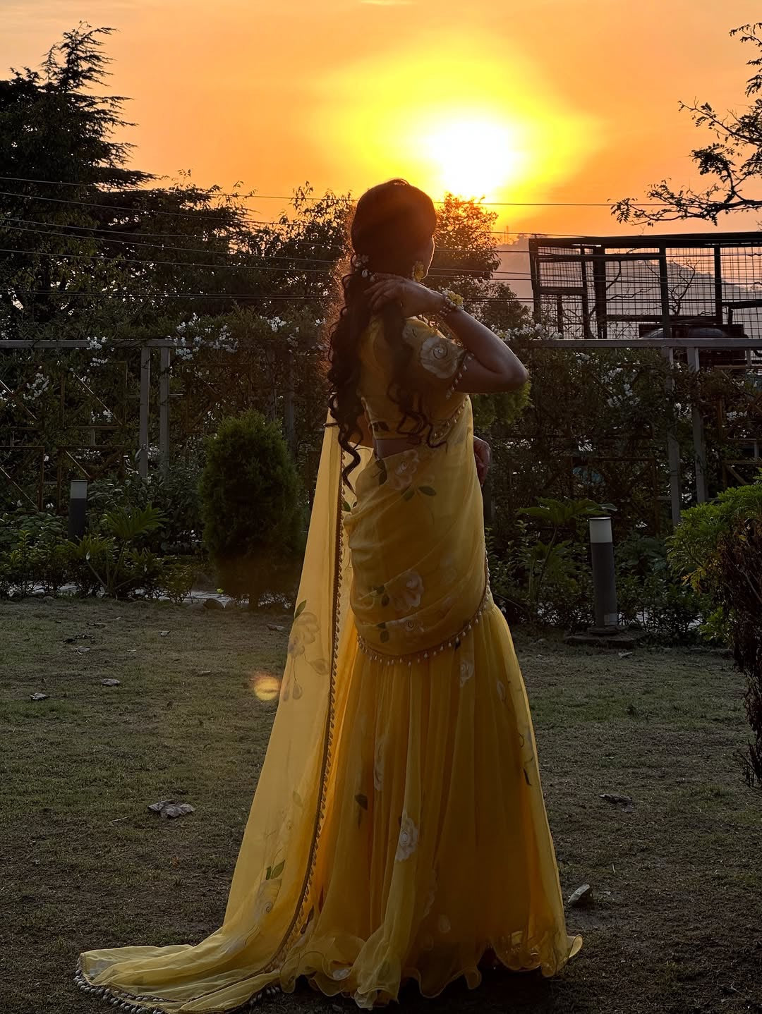 Designer Yellow Soft Georgette Lehenga Saree with Pearl & Floral Print Work
