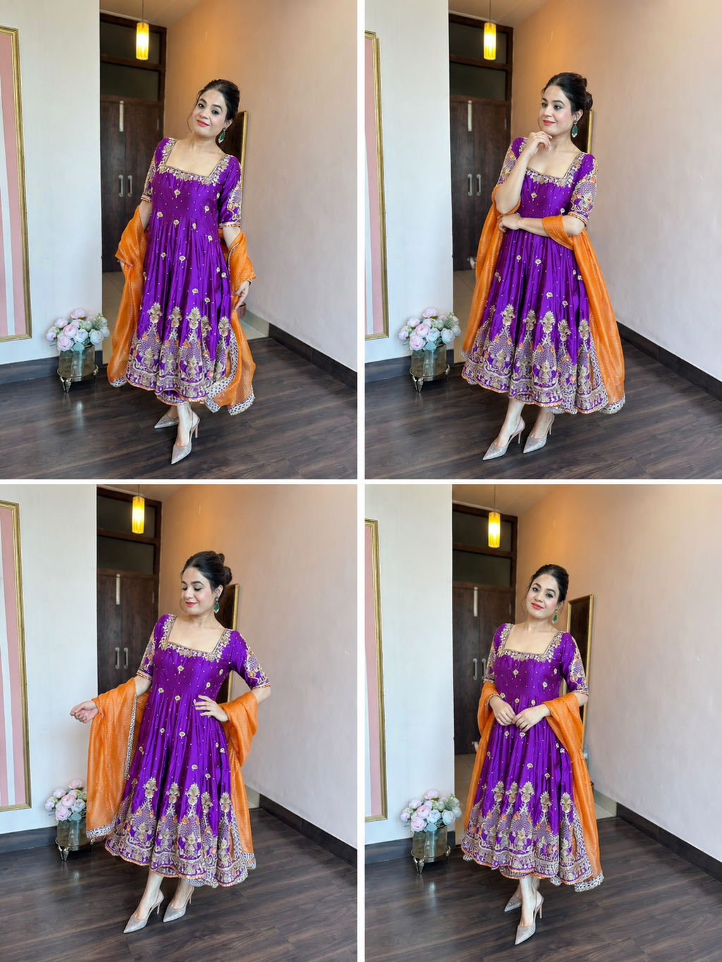 Royal Purple Heavy Silk Embroidered Anarkali Suit Set with Organza Dupatta (3-Piece)