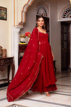 Elegant Maroon Mirror Work Anarkali Suit Set with Dupatta & Sharara – Festive & Wedding Wear