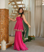 Pink Bandhani Print Fully Stitched Suit Sharara Set with Green Dupatta